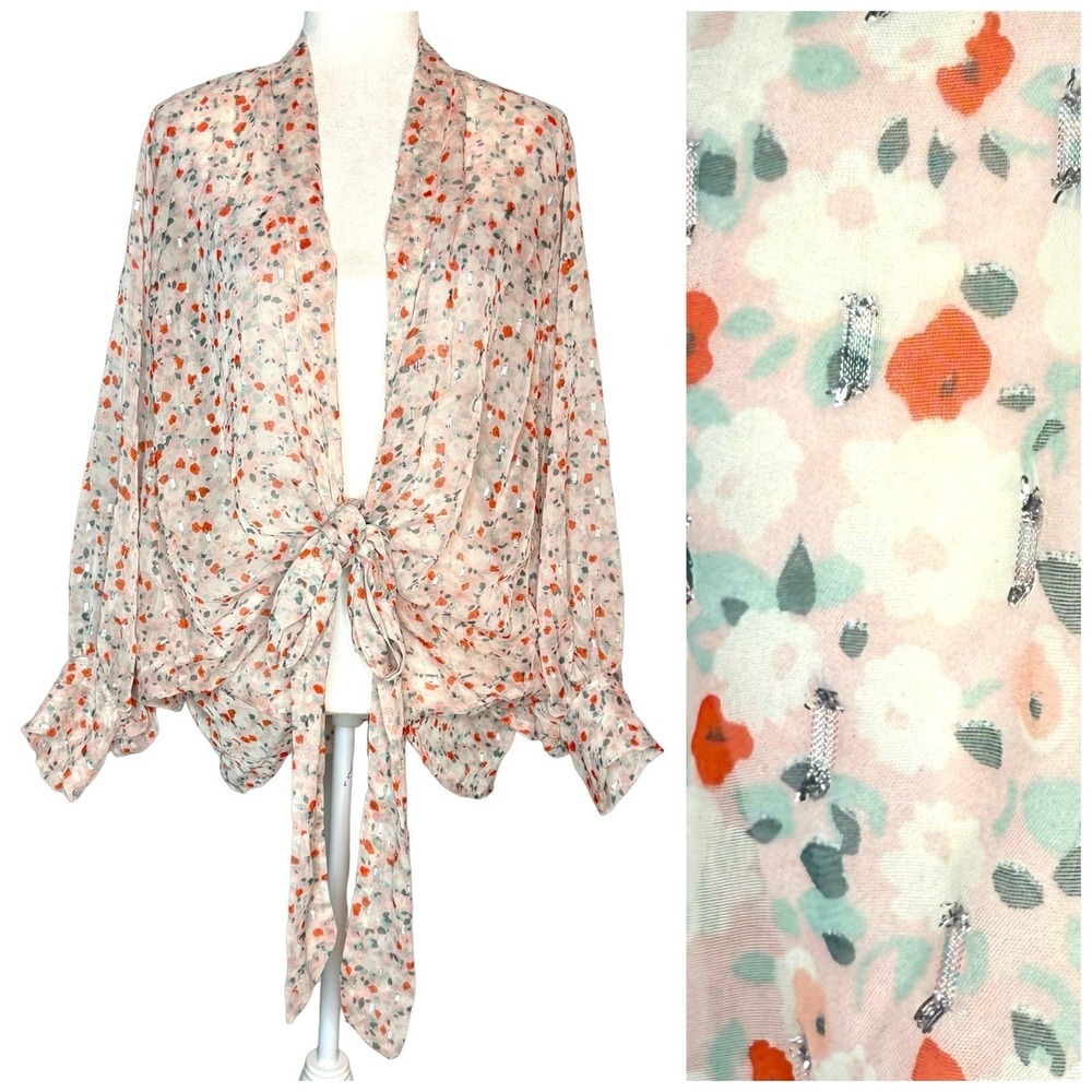 PILCRO Anthropologie OS Tie Cardigan Semi Sheer Chiffon Cover Blouse Top Batwing